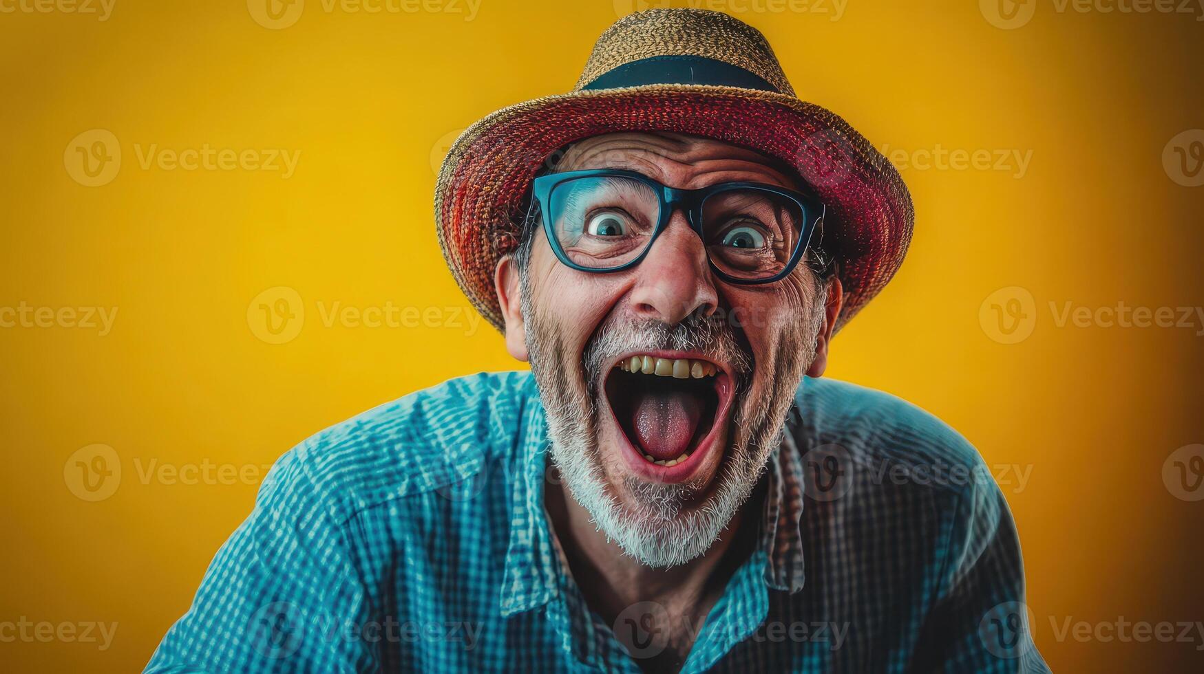 An old man with a hat and glasses is making a surprised face photo