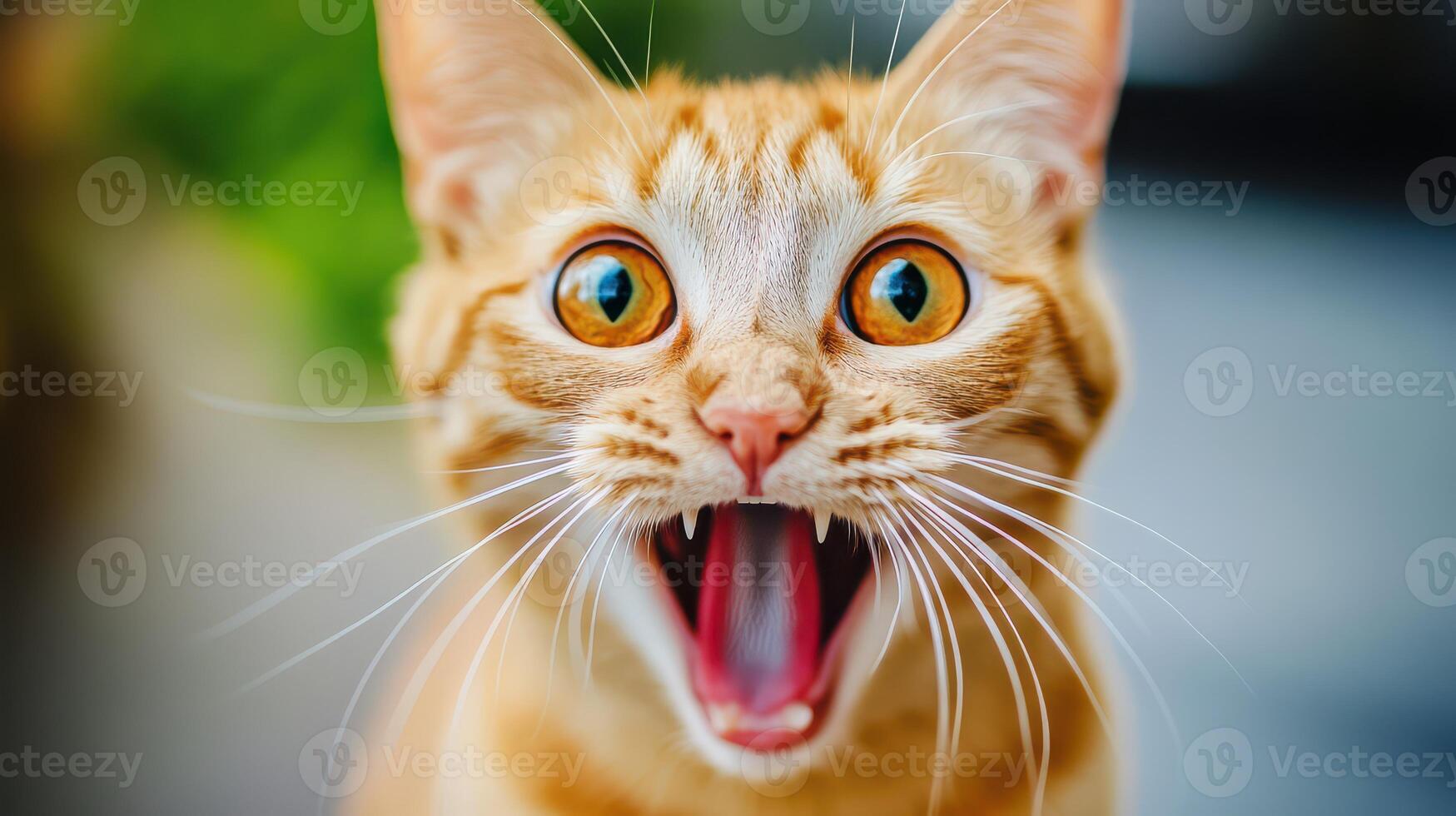 An orange cat with its mouth open photo