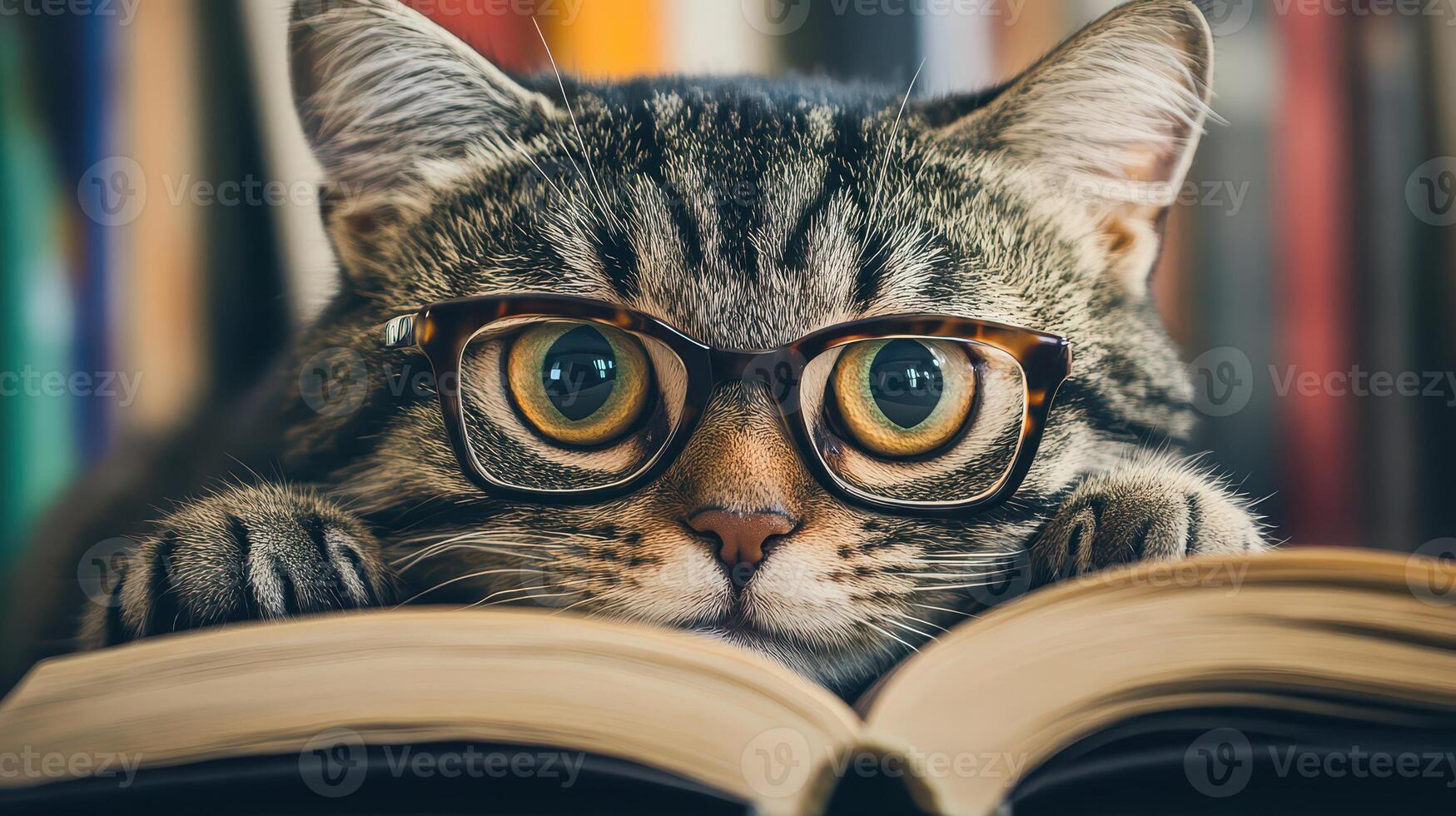 A cat wearing glasses is reading a book photo