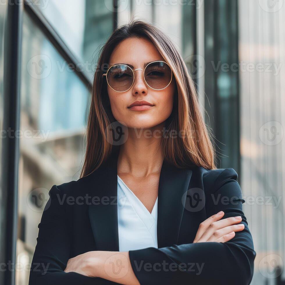 Young business woman in sunglasses standing in front of building photo