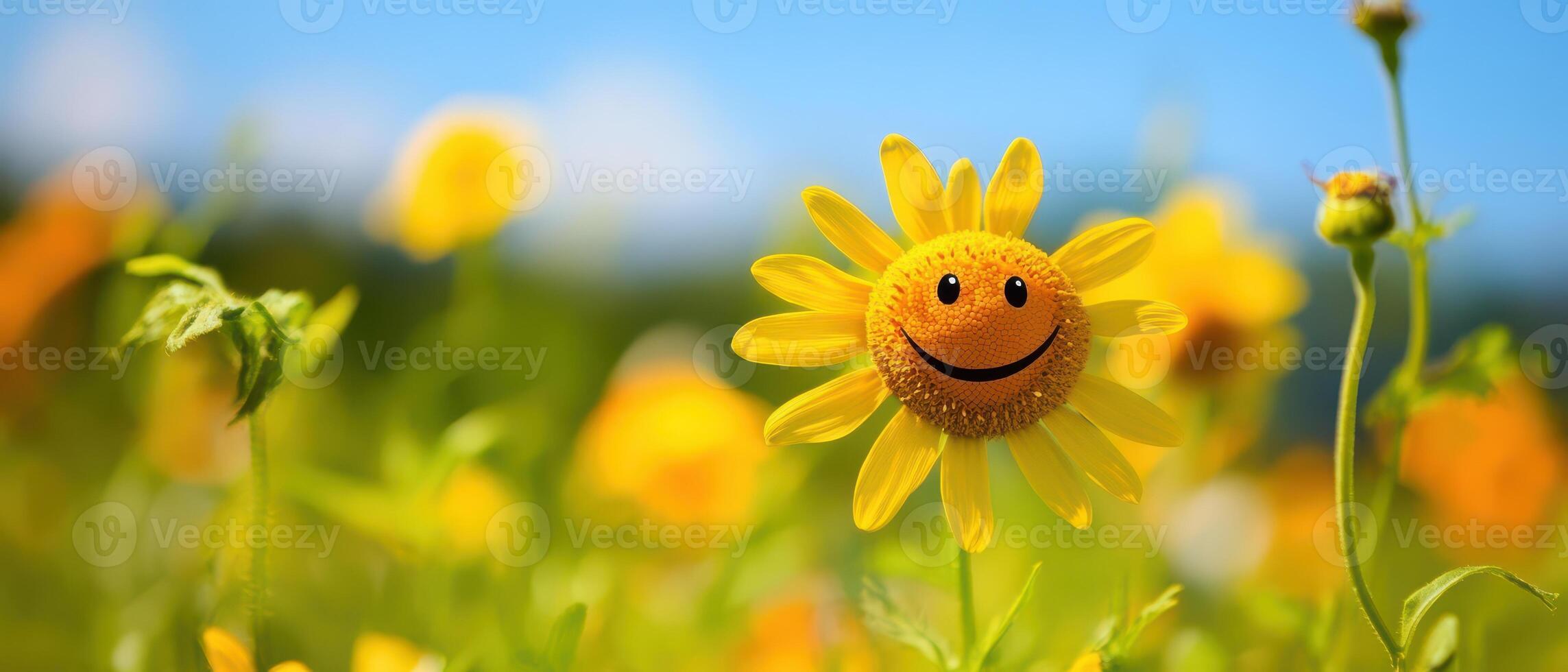 A smiling sunflower in a field of green grass photo