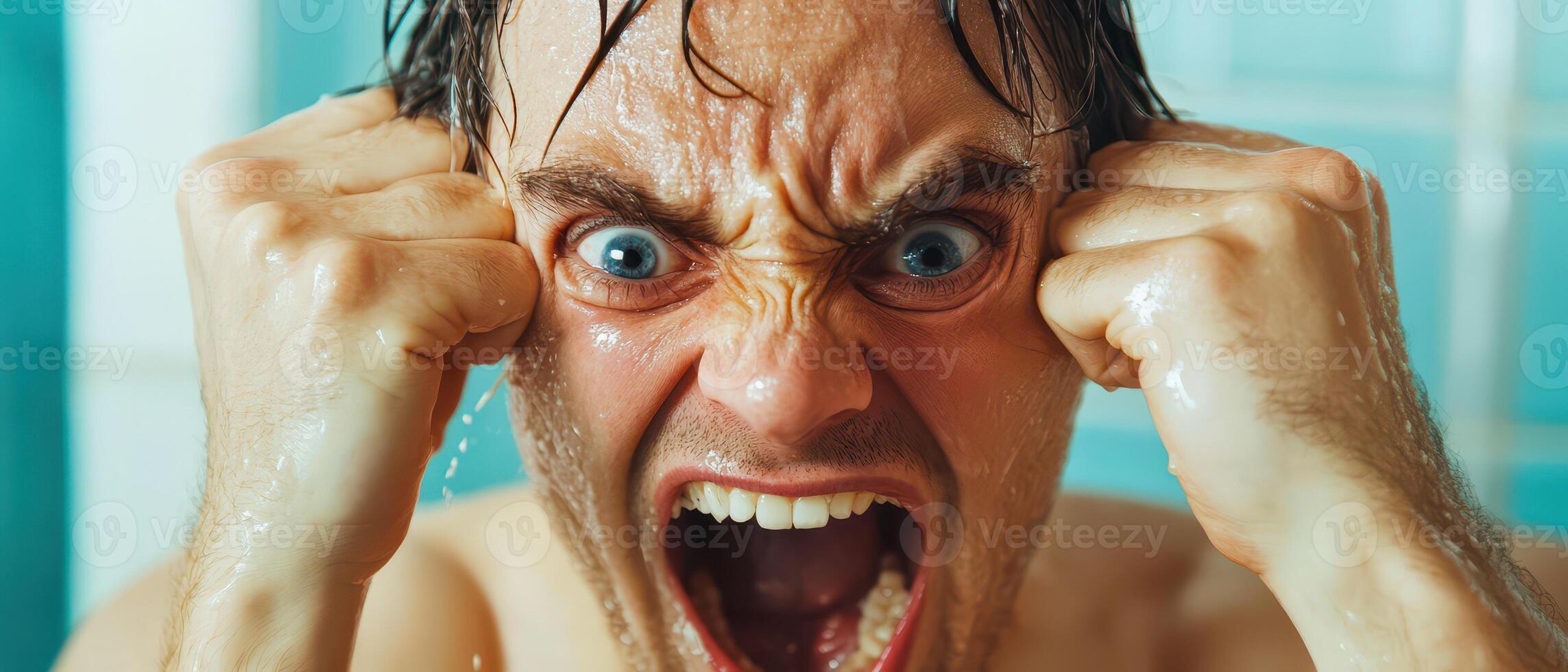 A man with his hands on his head and his mouth open photo