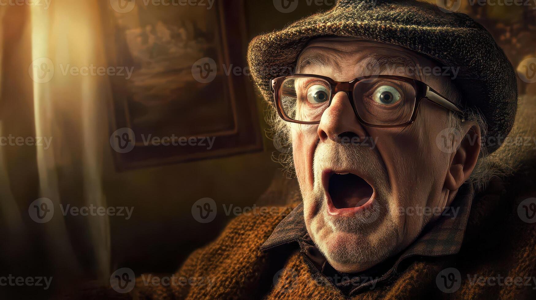 An old man with glasses and a hat is looking surprised photo