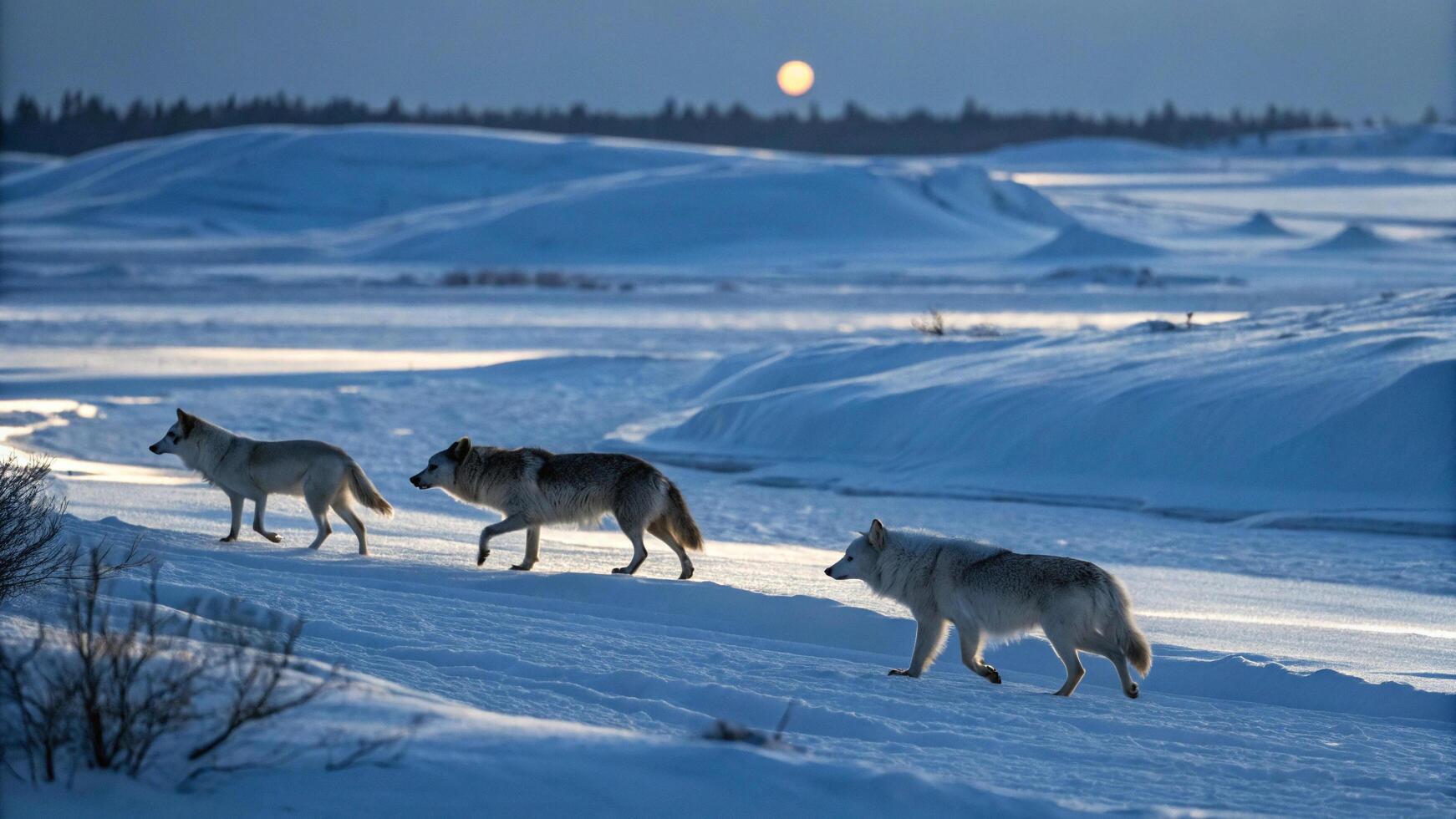 Three wolves walking across a snowy field photo