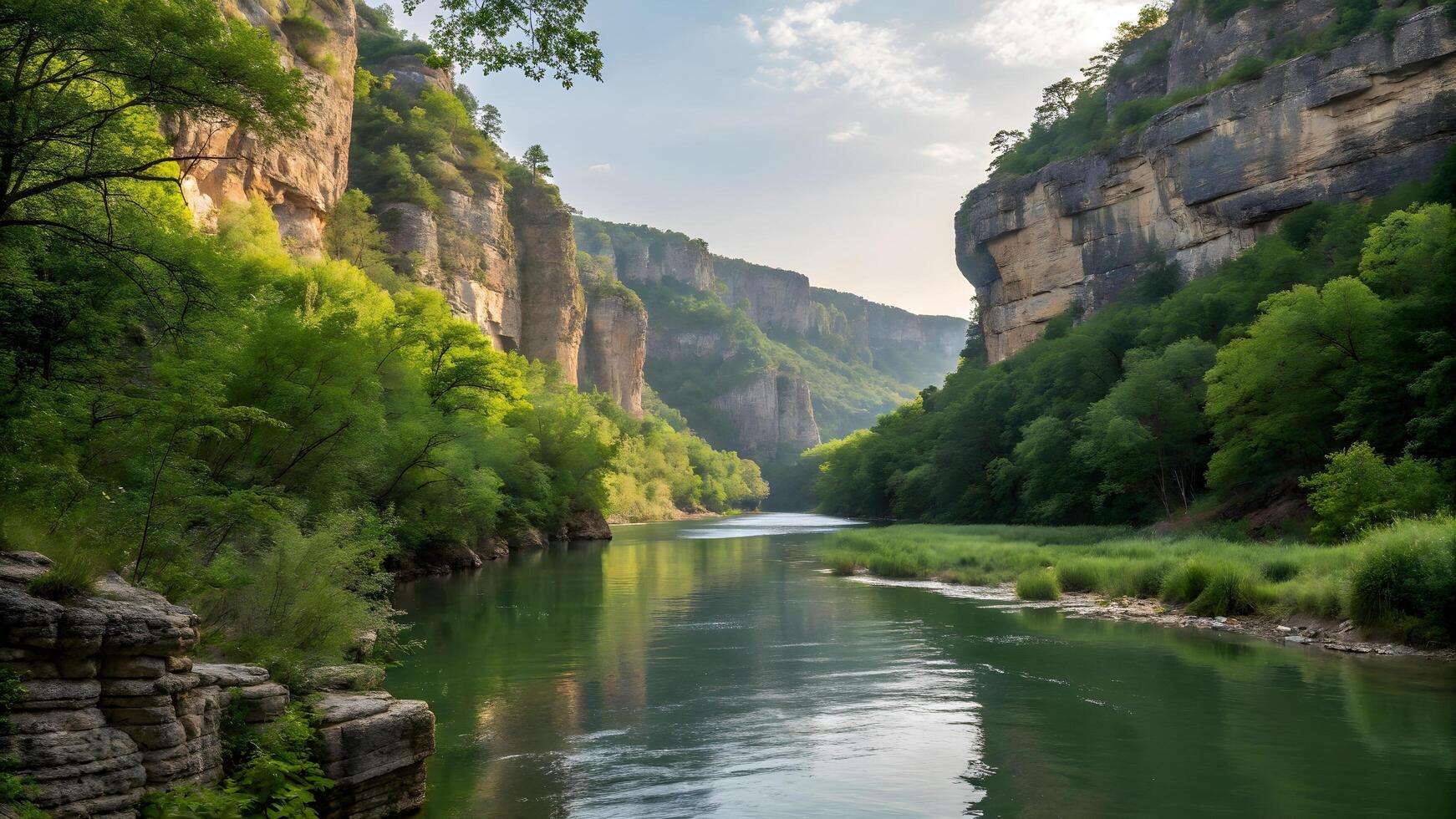 A river runs through a canyon with trees and rocks photo
