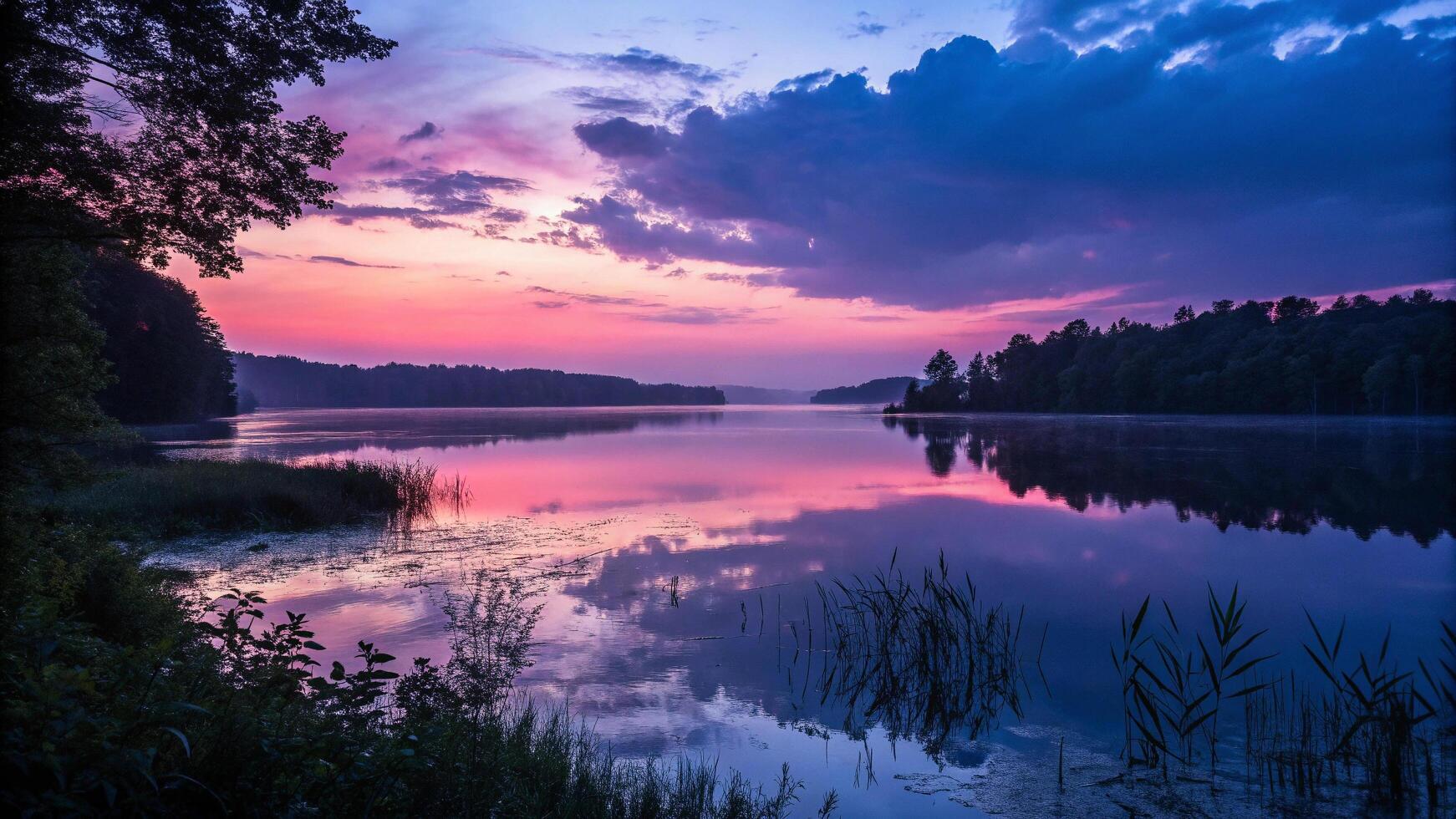 A beautiful sunset over a lake with water and trees photo