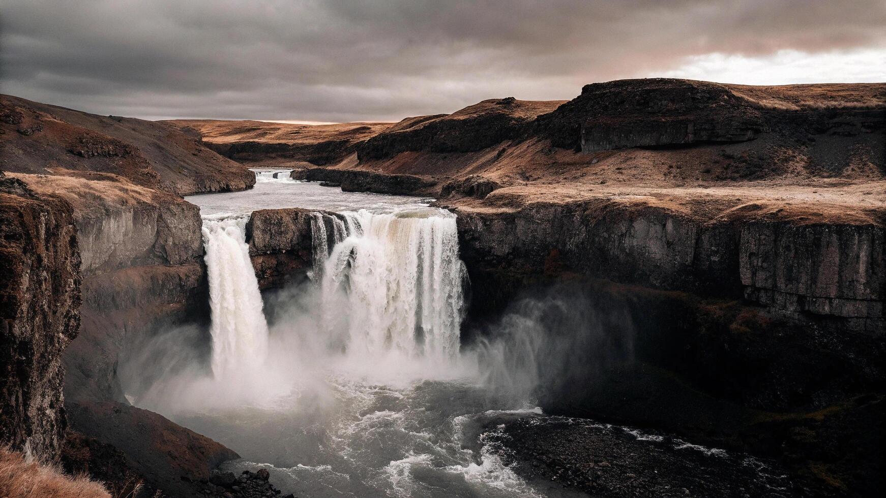 The waterfall is surrounded by a large rock formation photo