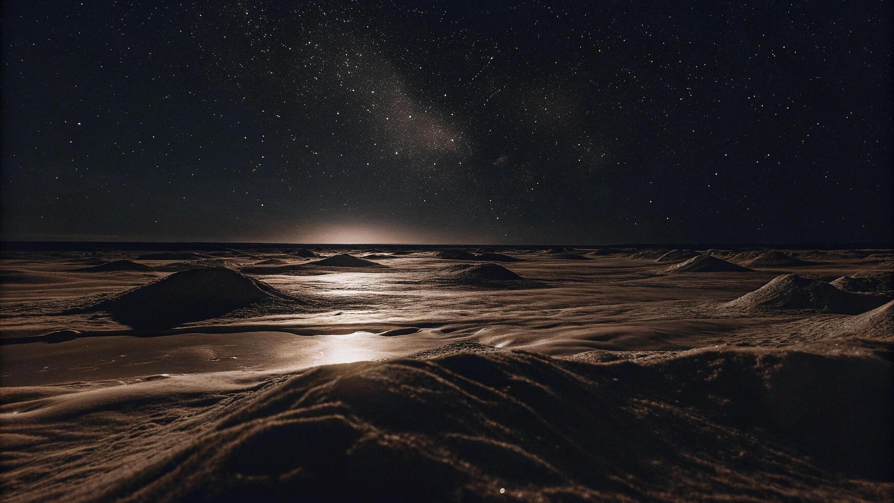 A beach at night with the moon shining above photo