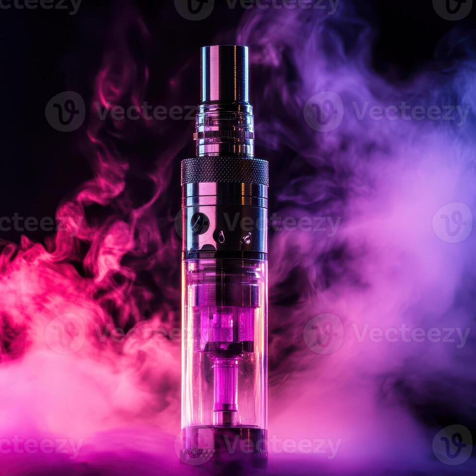 A vaporizer with smoke and pink and purple smoke photo