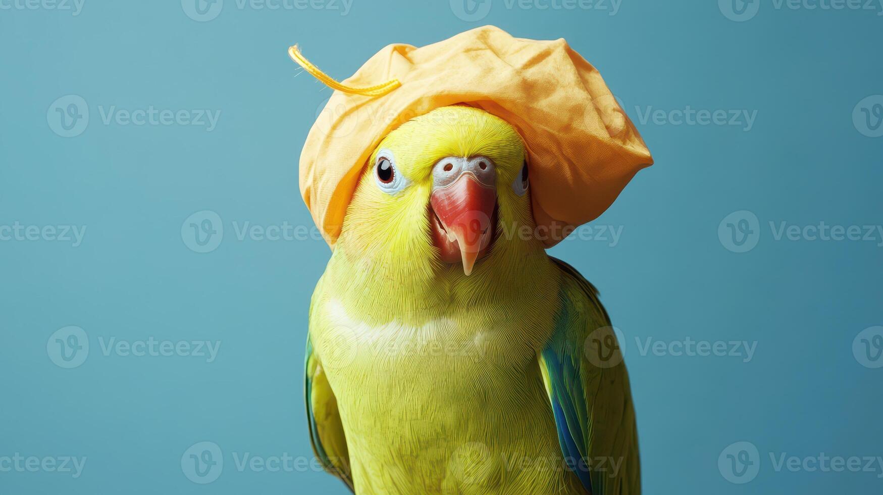 A parrot wearing a yellow hat on its head photo
