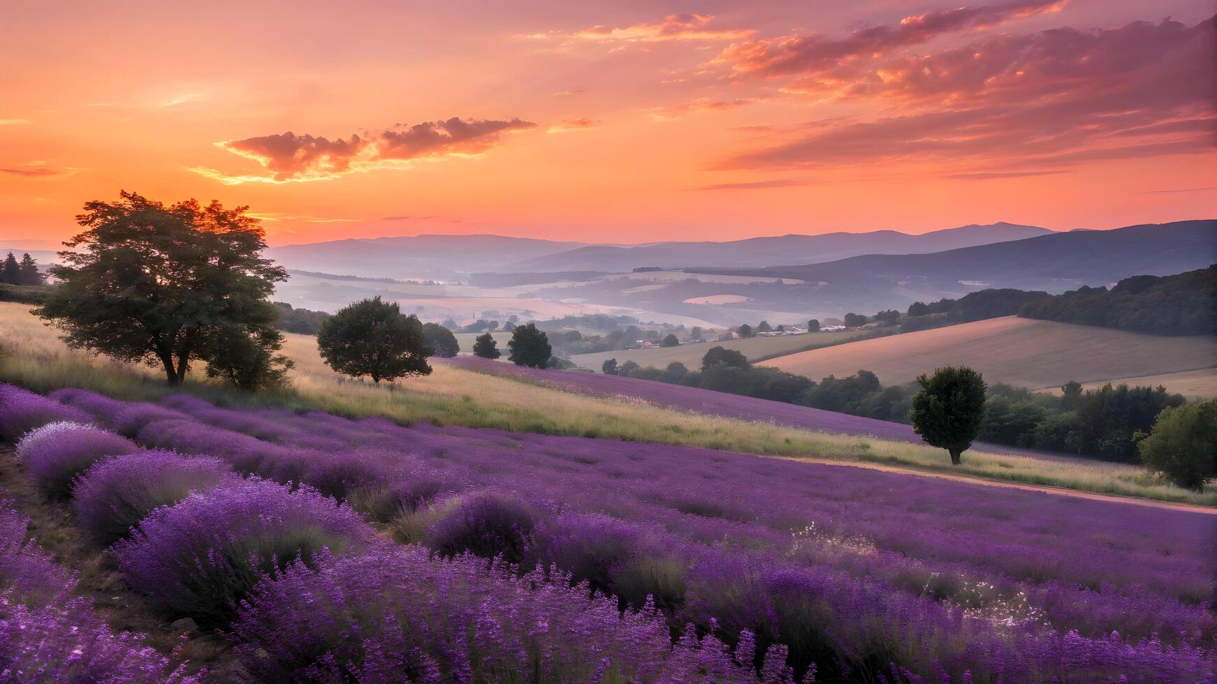 Vibrant Lavender Field at Sunset with Rolling Hills and Warm Sky photo