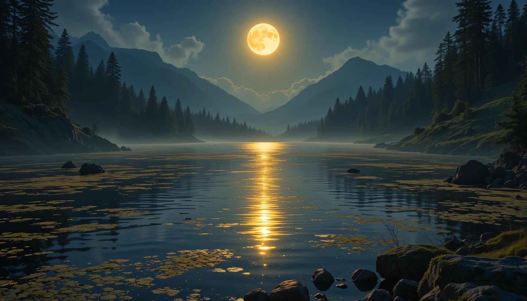 Serene Nighttime Landscape with Full Moon Reflecting on Calm Lake photo