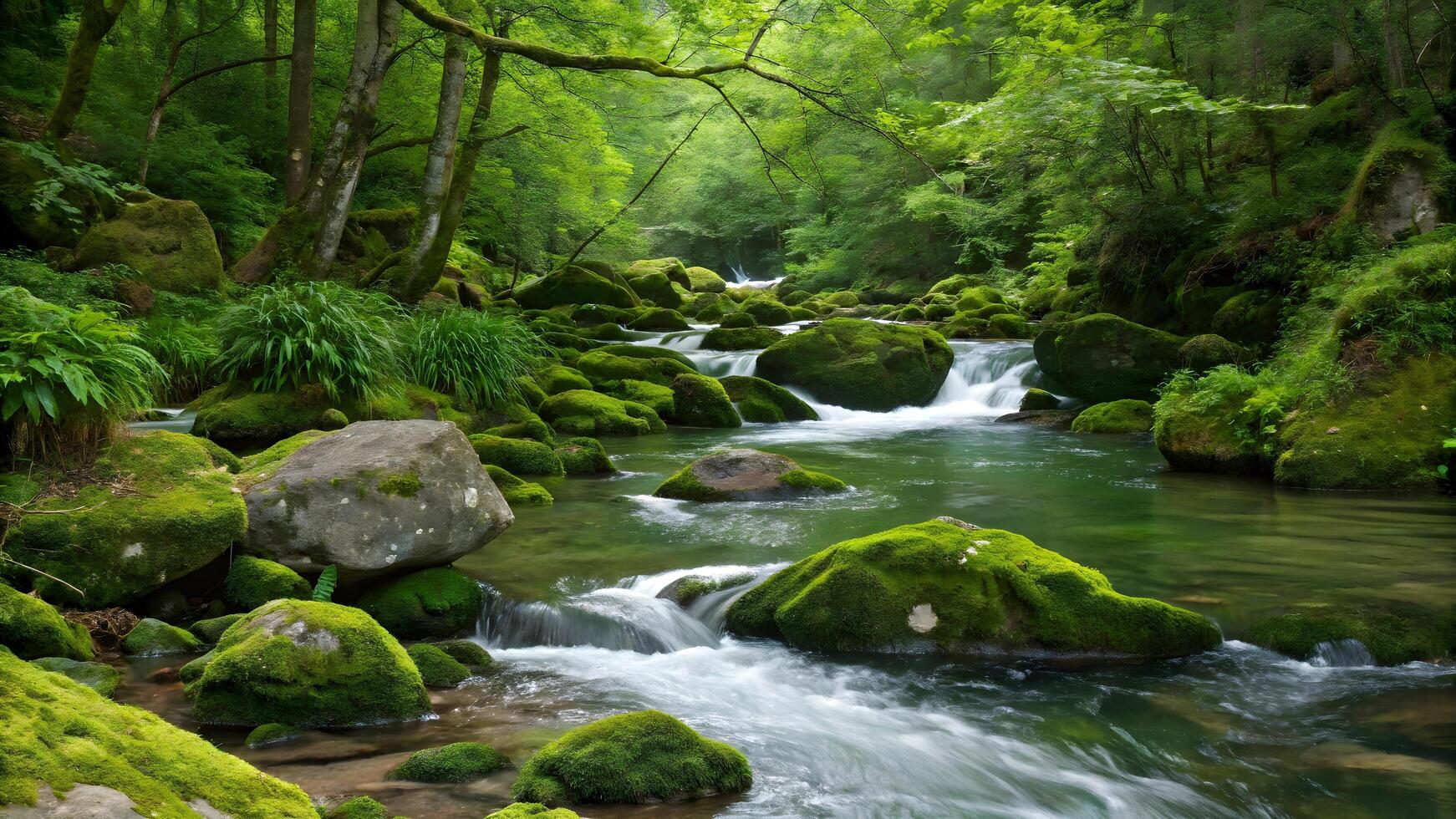 Serene Forest Stream with Moss-Covered Rocks and Lush Greenery photo