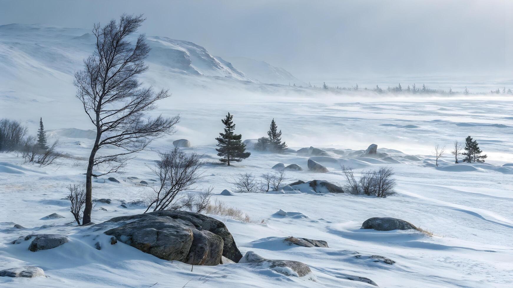 Serene Snowy Landscape with Leafless Tree and Rocky Terrain photo
