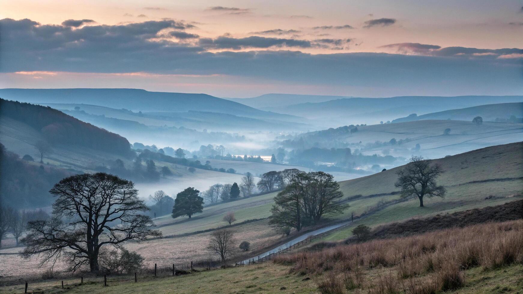 A misty valley with trees and hills at sunrise photo