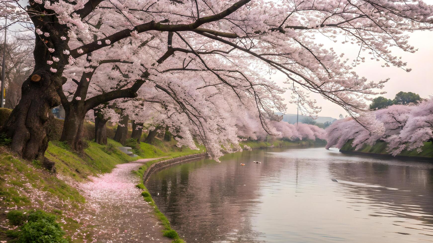 Cherry blossoms line the banks of a river photo