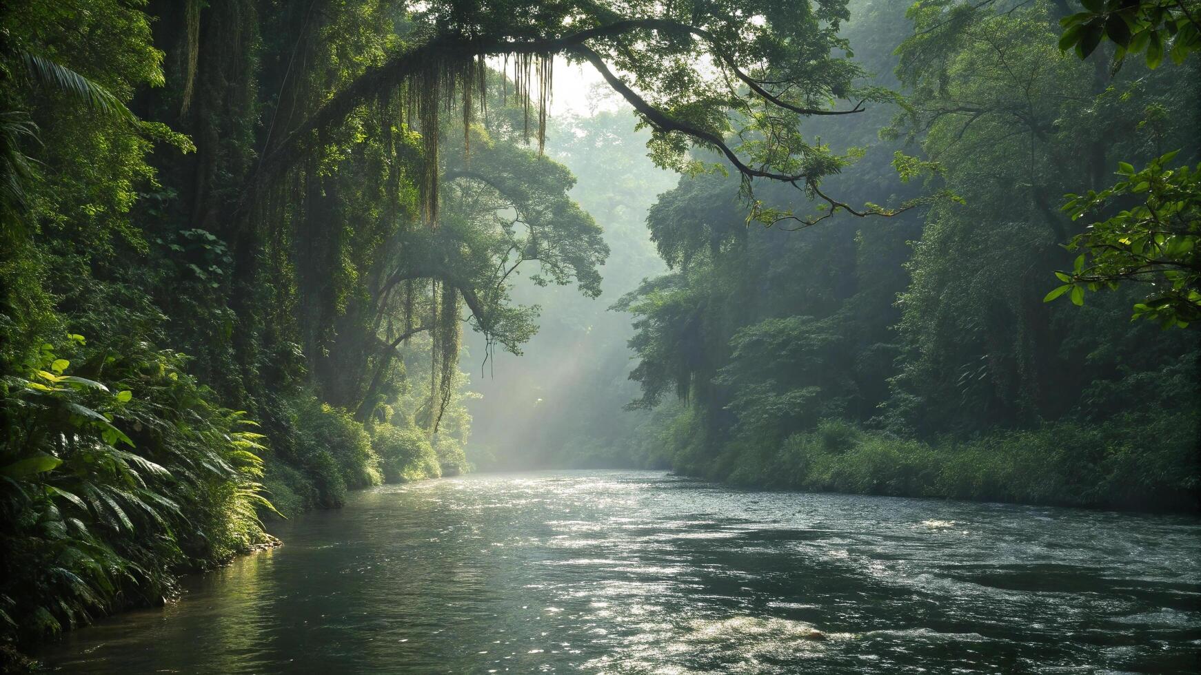 A river in the jungle with trees and water photo