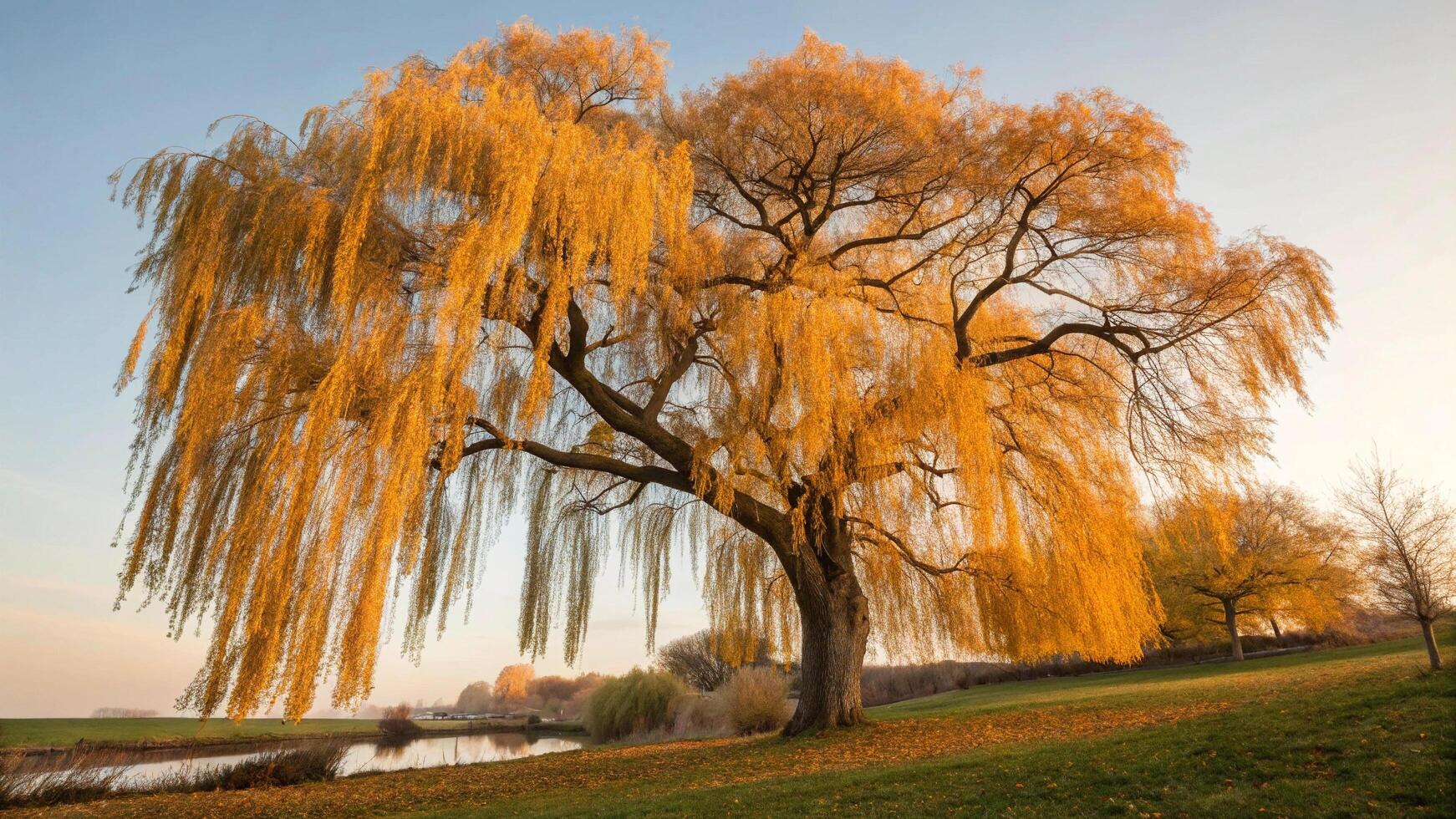 A large willow tree in the middle of a field photo