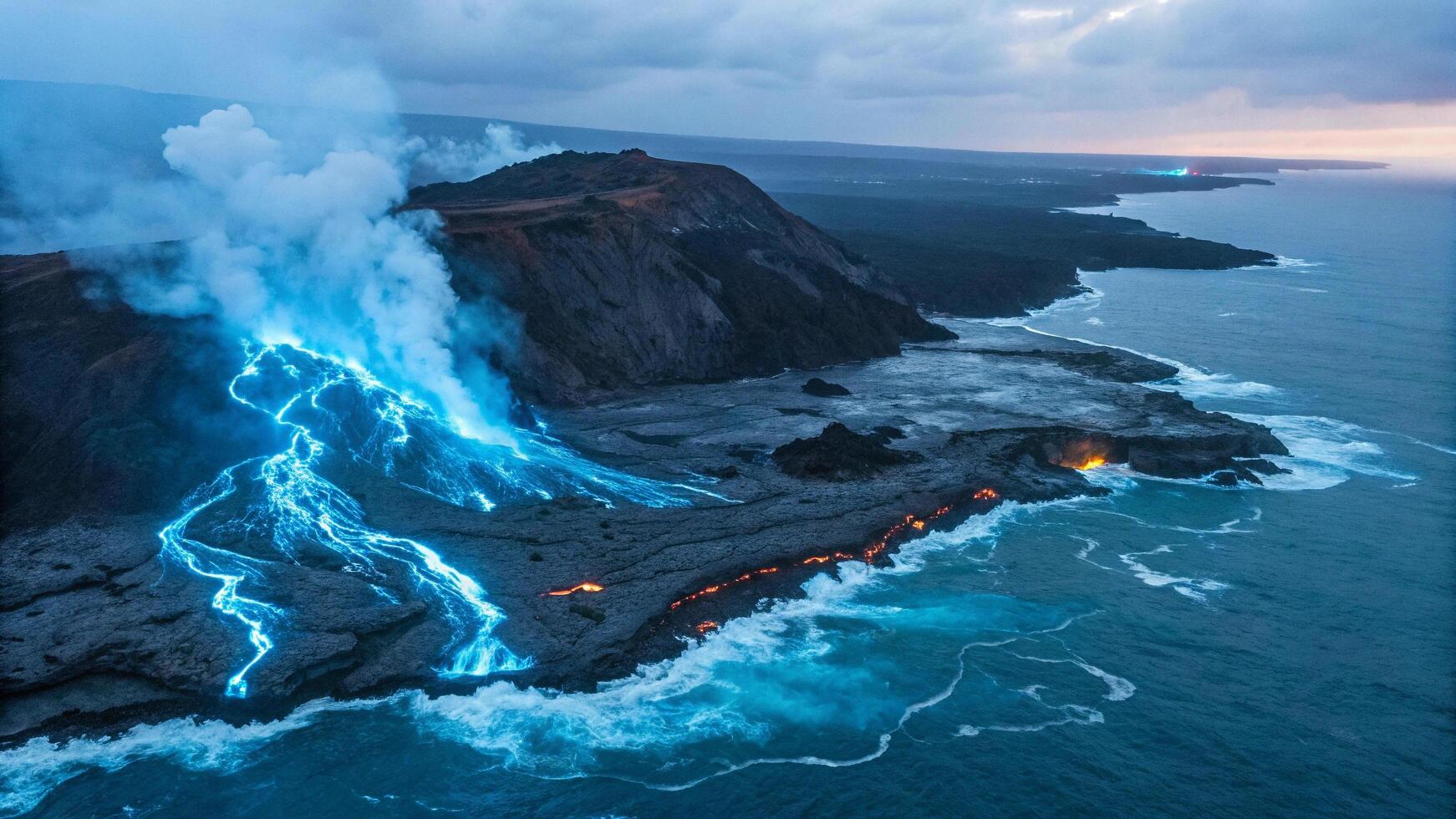 A lava flow is flowing into the ocean at sunset photo