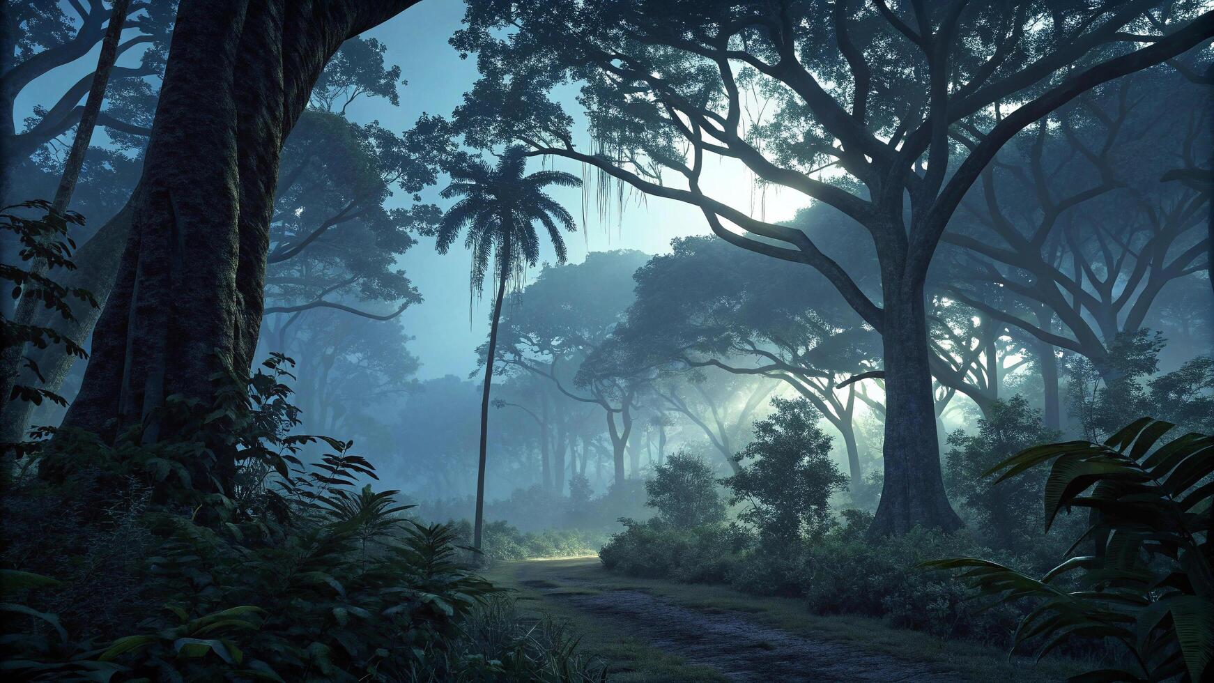 A path through the jungle with trees and plants photo