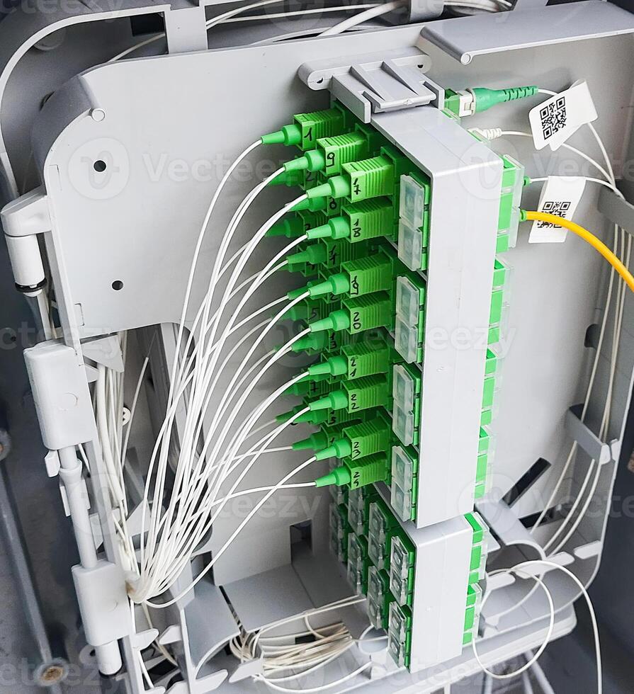 Fiber optic cables connecting to the cross equipment in street cabinet photo