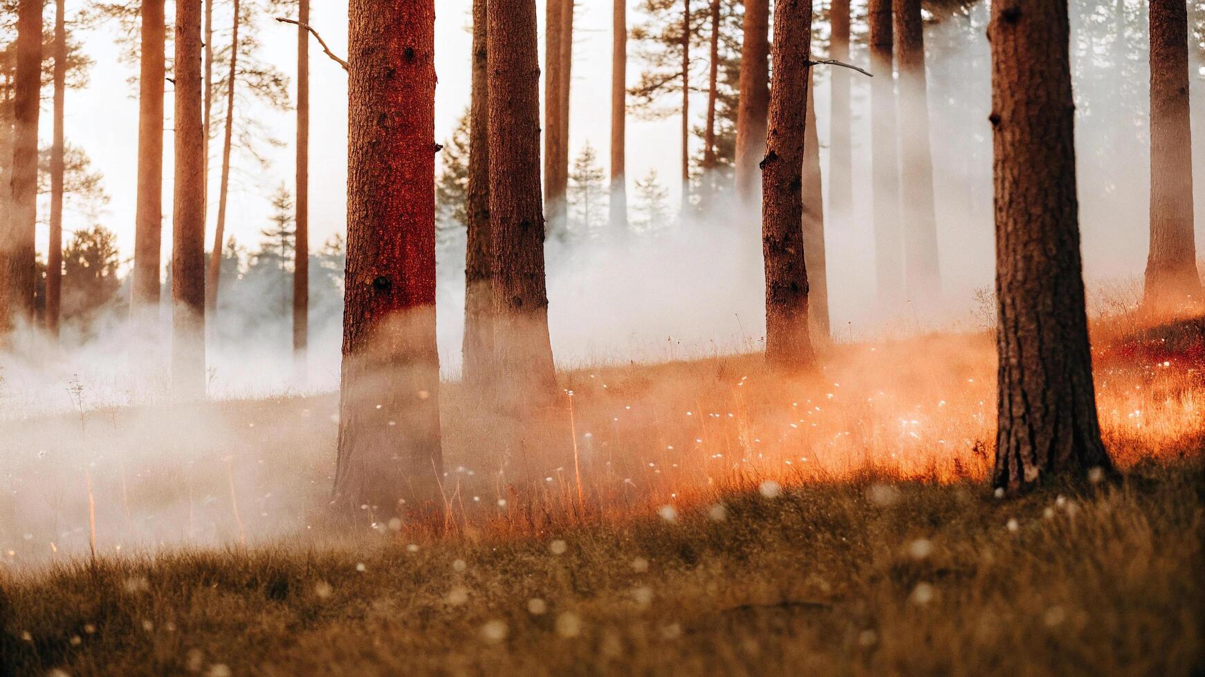 A forest fire is burning in the middle of a field photo