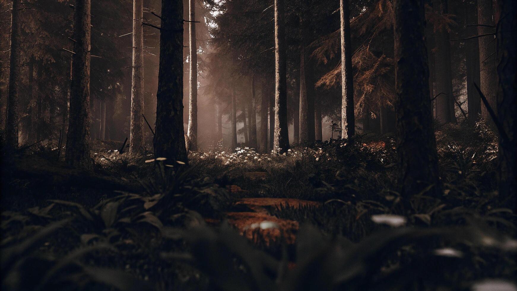 A dark forest with trees and grass photo