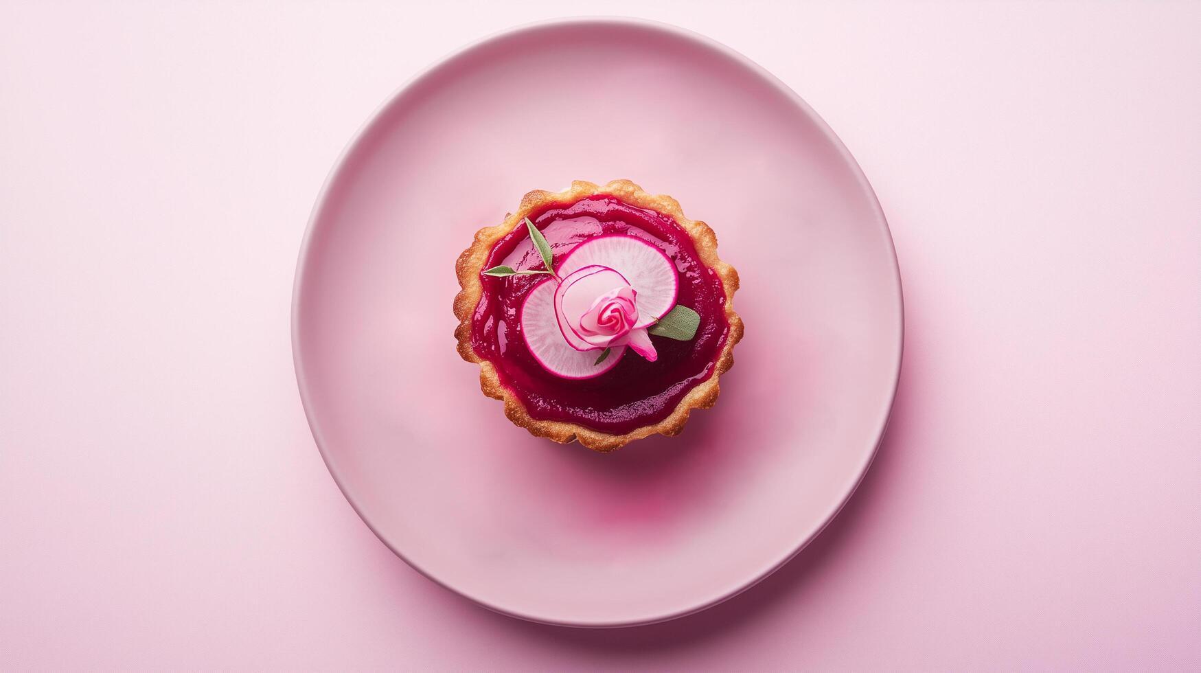 A top-down view of a delicate tart with vibrant pink mousse, garnished with thin radish slices, a small pink rose, and fresh sage leaves, presented on a soft pink plate. photo