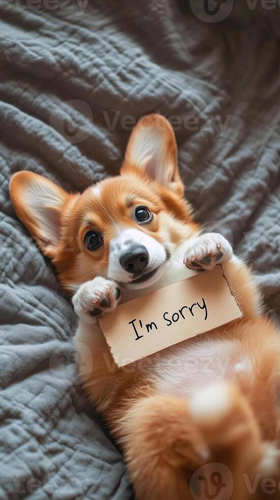 Cute puppy with sad eyes lying on a soft blanket, holding an I'm Sorry sign. Perfect image for apology or forgiveness themes. photo