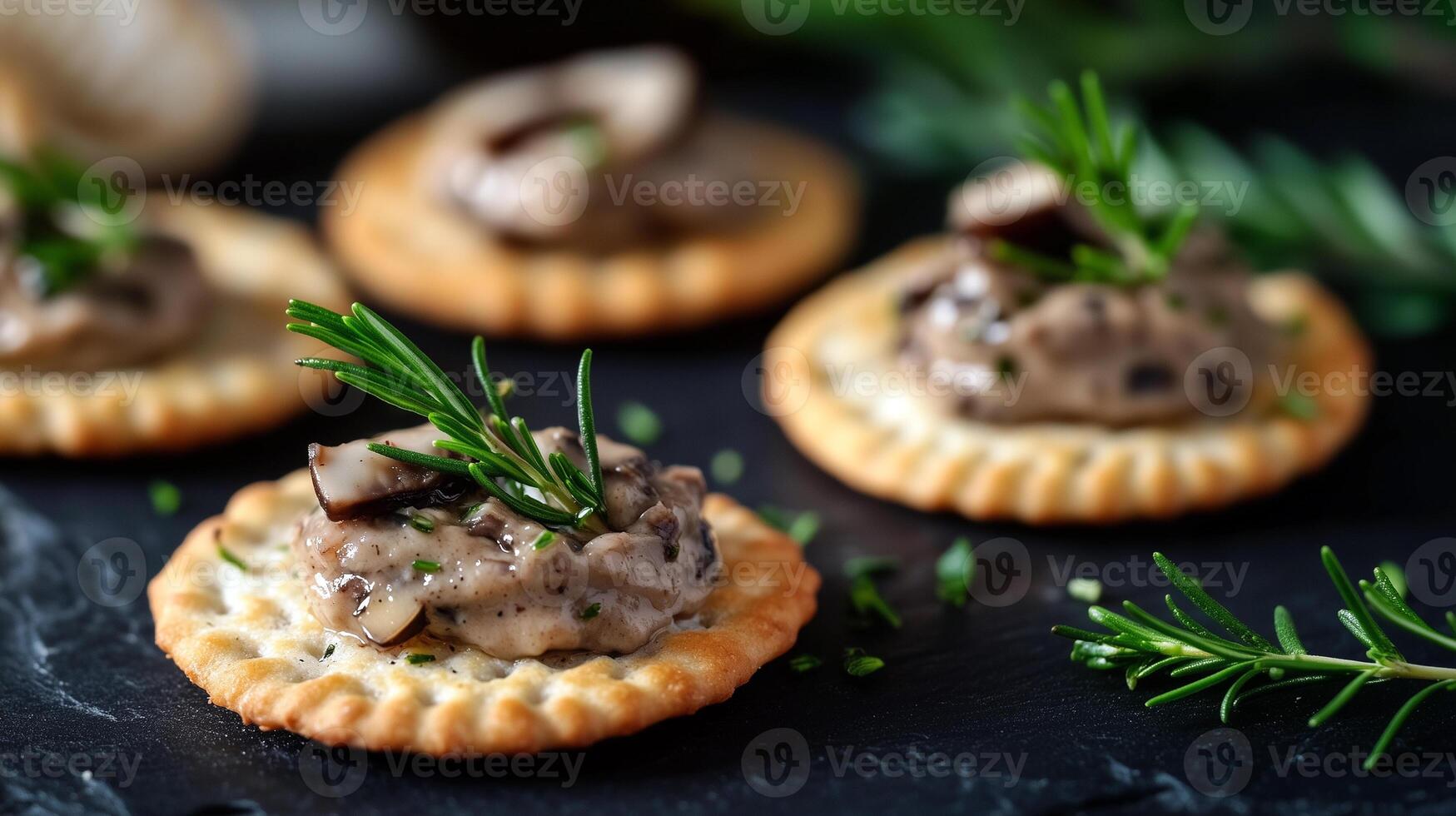 Delicious creamy mushroom topping on crispy crackers, garnished with fresh rosemary and herbs. A perfect gourmet appetizer for elegant gatherings. photo
