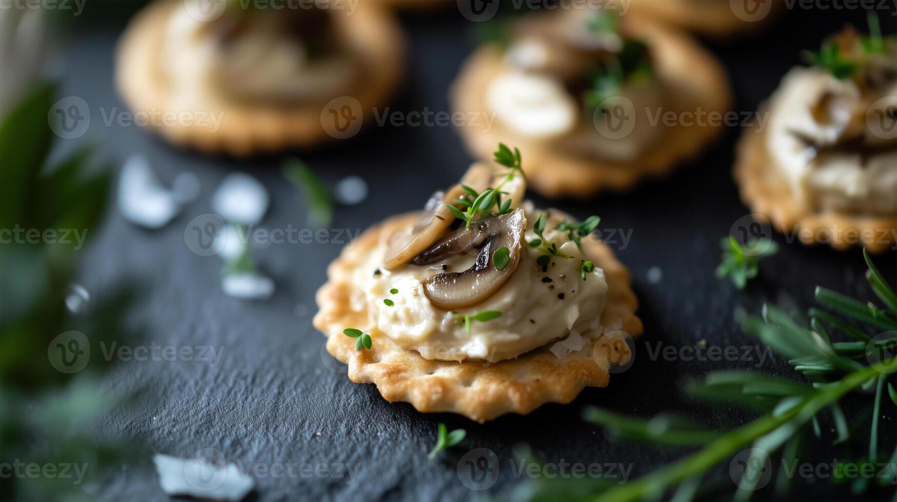 Elegant mini crackers topped with a smooth, creamy mushroom spread made from sauteed champignons, delicately infused with the rich aroma of truffle oil. photo