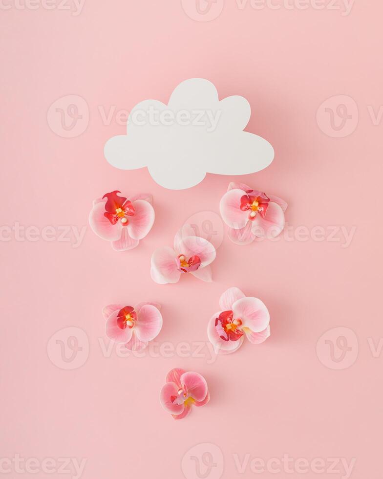 Creative spring and summer layout made of cloud shape paper card note and orchid flowers on pastel pink background. Minimal flower concept. Trendy weather idea. Nature flat lay. Top view banner. photo
