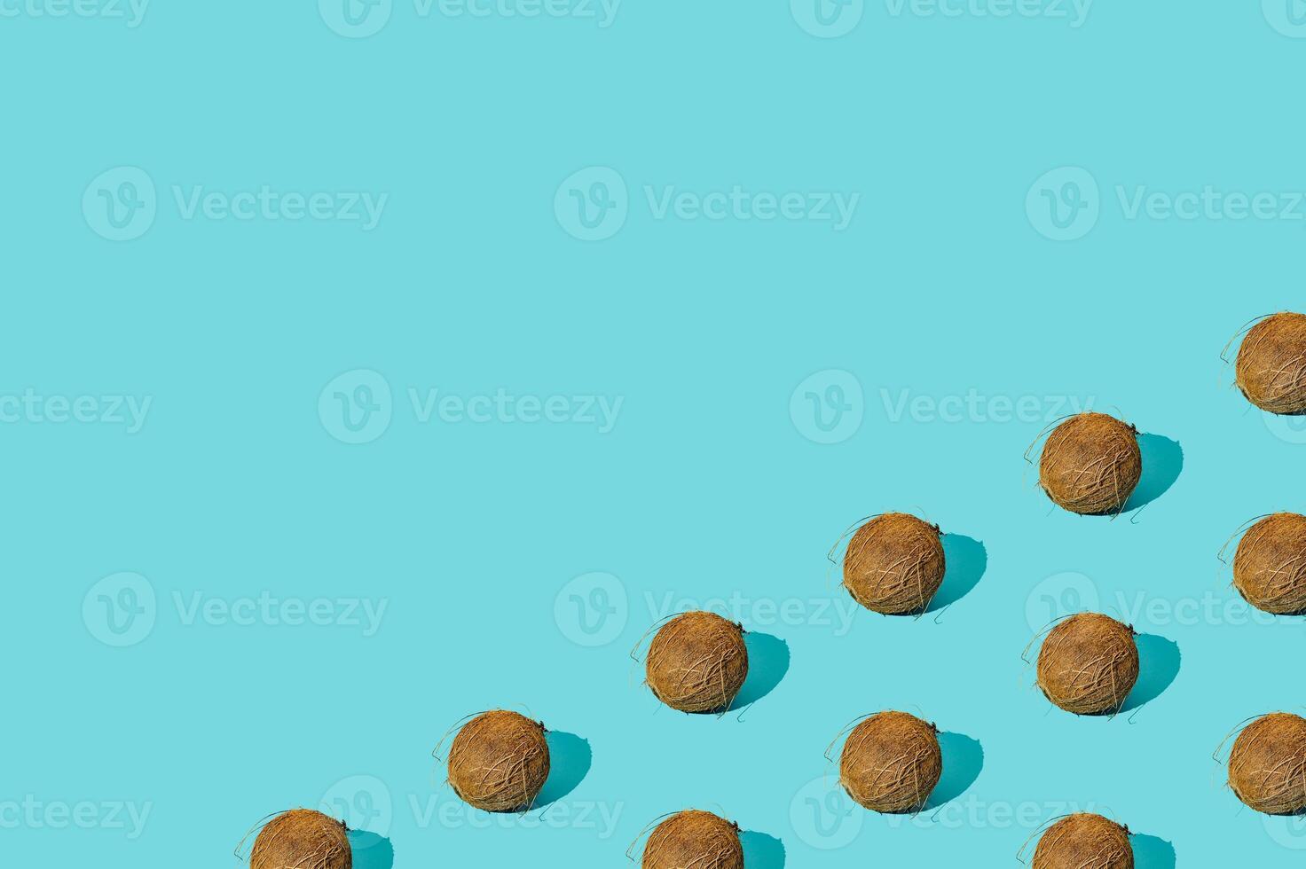 Trendy sunlight summer fruit pattern made of coconuts on light blue background with copy space. Nature summer concept. Coconut aesthetic. photo