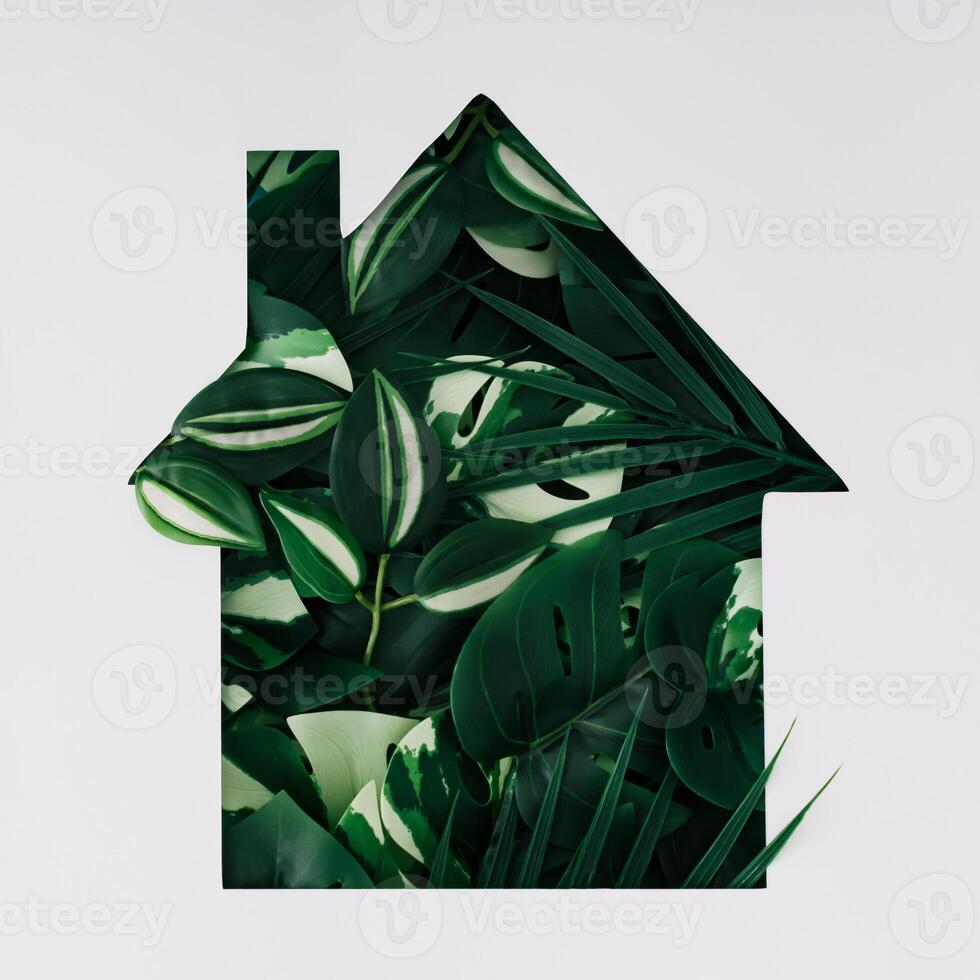 Tropical green leaves visible through a house shaped gap on white background. Minimal eco house concept. Flat lay style. Top view banner. photo