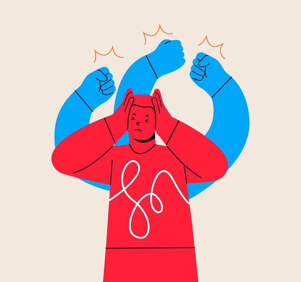 Upset man feeling anxiety and stress. Concept of self-harm. Colorful illustration vector