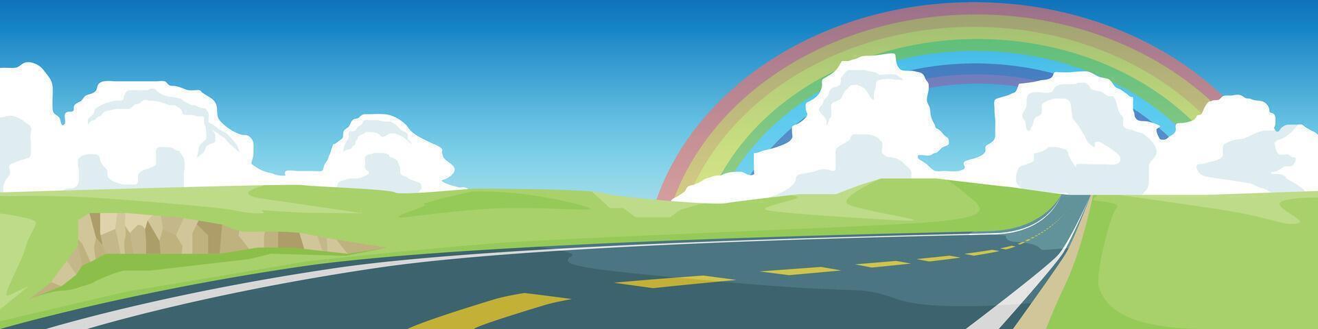 Banner of landscape with a asphalt road stretching towards the horizon. Rainbow arcs across the sky flanked by fluffy white clouds. Green hills roll in the background under blue sky and white clouds. vector