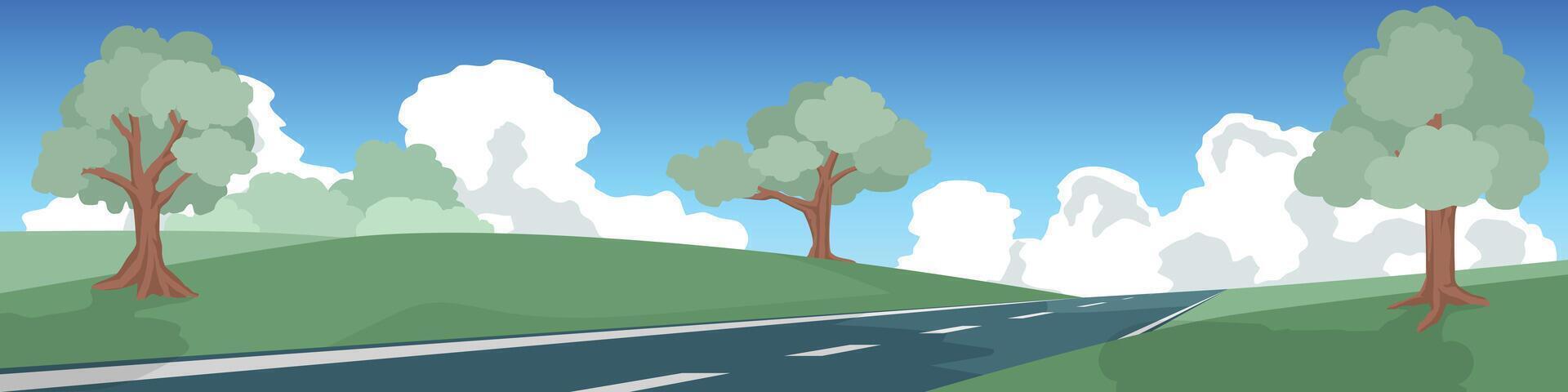 Landscape view of an asphalt road stretching into the distance. Atop a verdant lushly colored grassy hill. A blue sky dotted with white clouds. vector