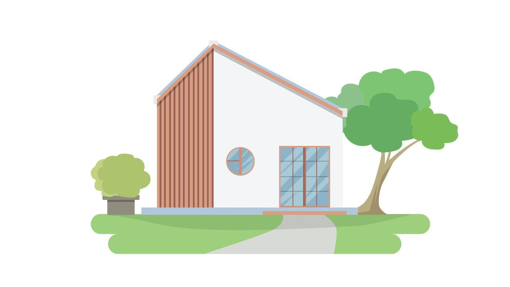 or illustration of a private Minimal Style house. Background of tree back side of house with pot side of house. Front of house with green grass. Isolated white background. vector