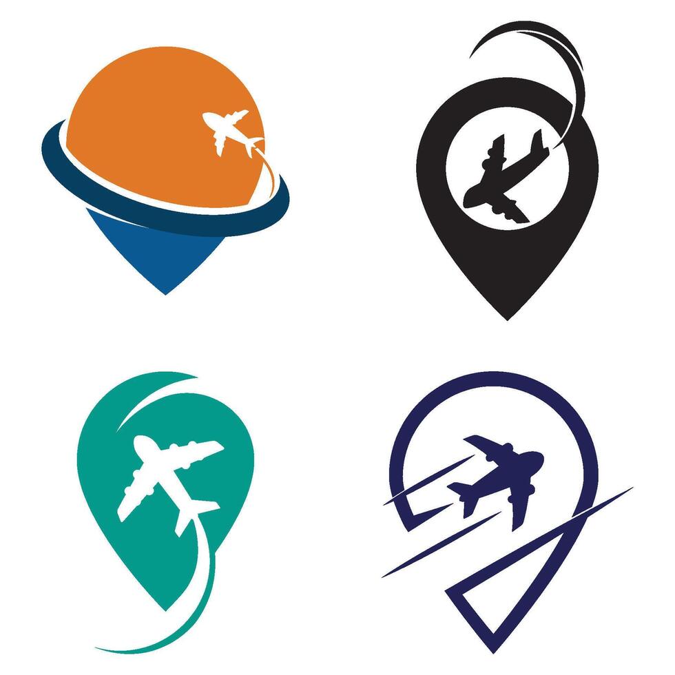 set Travel Point Logo Design. Pin, Map, Point and Plane for Travel Business Company logo vector