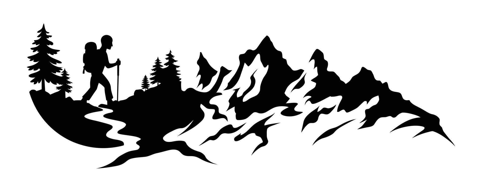 Silhouette of a Hiker Enjoying a Mountain Landscape, Outdoor Adventure Art. Hiker and Mountain Silhouette, Perfect for Travel and Trekking Themes vector