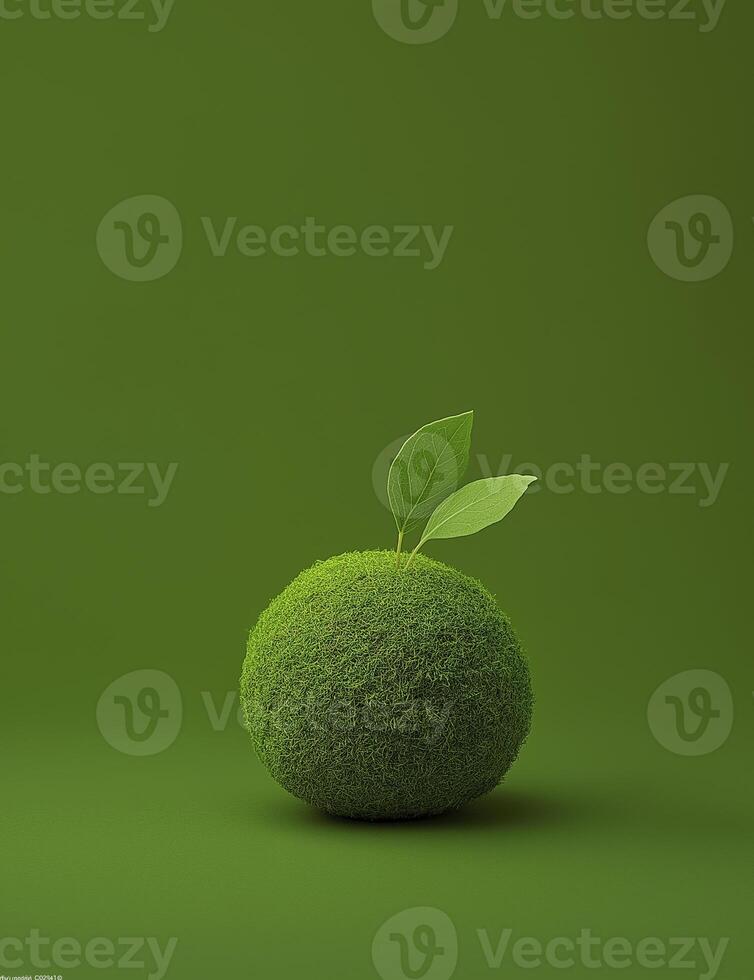 small green leaf grows on moss ball, symbolizing nature resilience and beauty photo