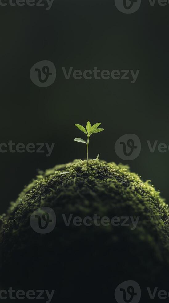 small green plant grows on moss covered sphere, symbolizing life and renewal in serene environment photo
