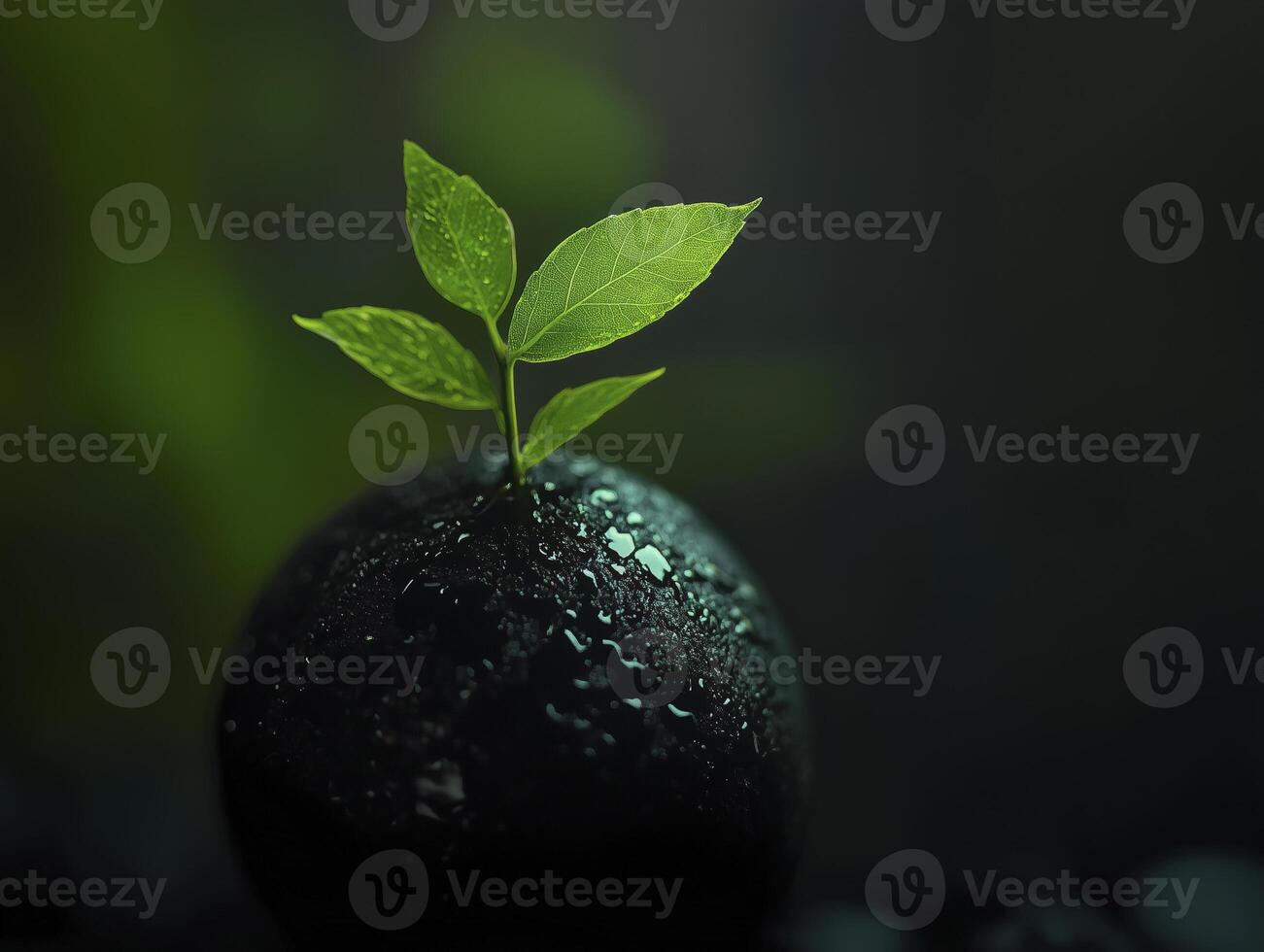small green leaf growing on top of dark sphere, symbolizing nature and growth in serene environment photo
