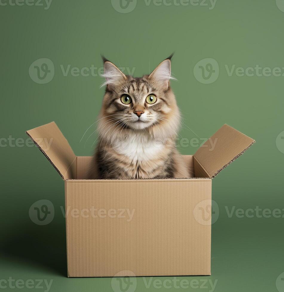 Curious cat sitting in cardboard box alert expression photo
