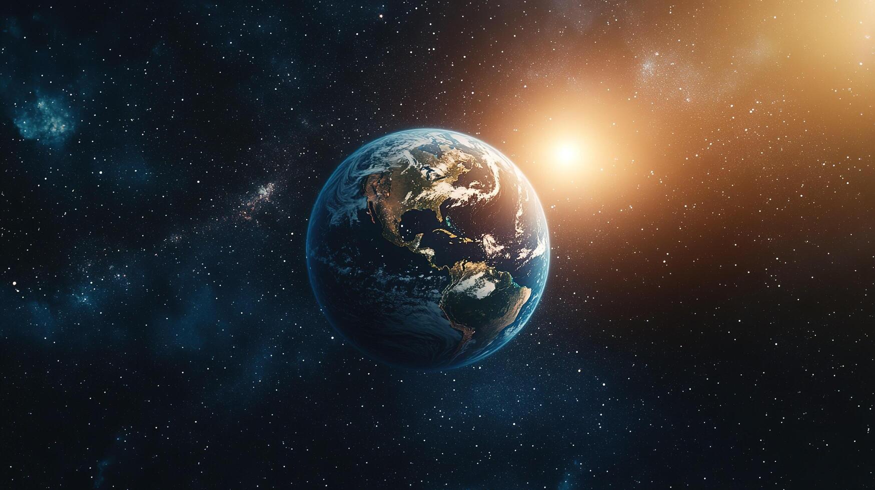 Planet earth rotating in space with sun shining brightly. photo