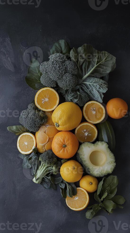Fresh fruits and vegetables including oranges, broccoli, and leafy greens photo