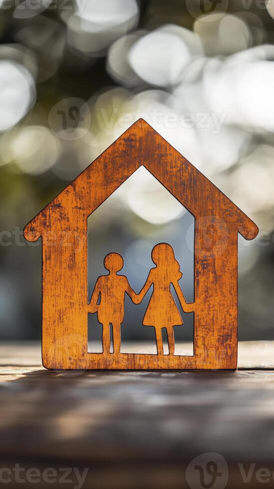 Wooden house silhouette with family cutout, symbolizing love and unity photo