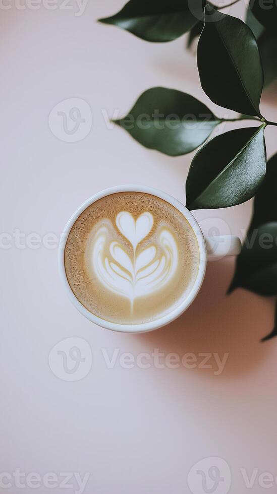 beautiful latte art design in white cup, surrounded by green leaves, evokes sense of calm and warmth photo