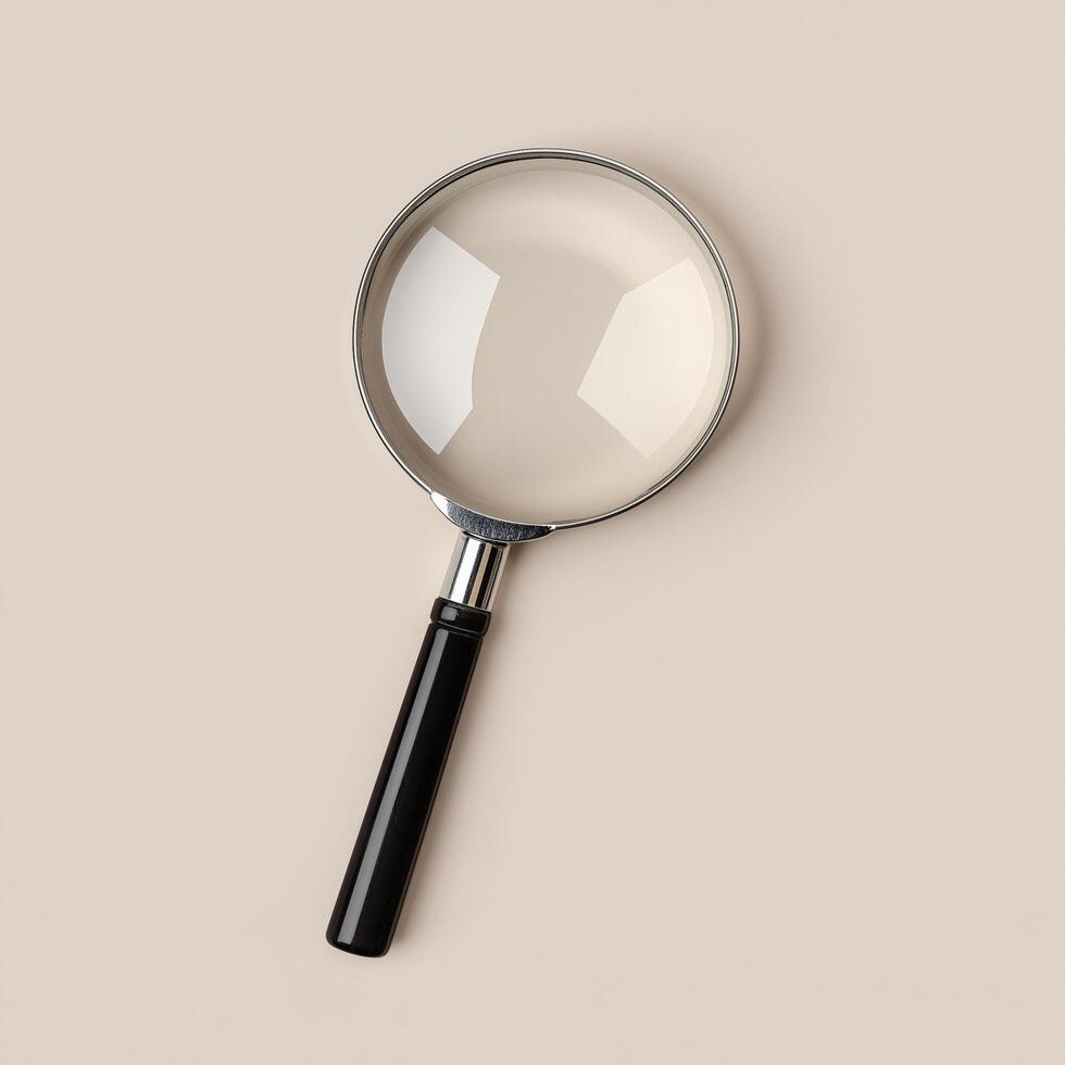 a magnifying glass on beige background, showcasing minimalistic design and clarity photo