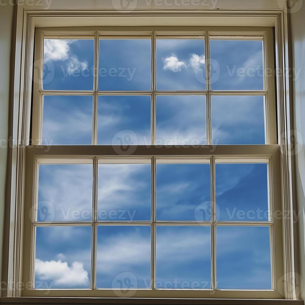 beautiful window view showcasing bright blue sky with fluffy clouds. sunlight enhances serene atmosphere, inviting sense of calm photo